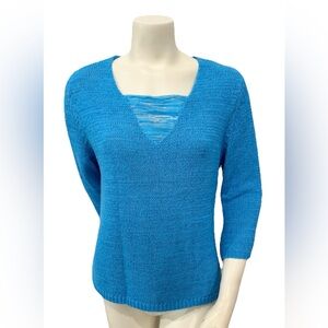 Vintage Christina Blue Knit Sweater Womens L V Neck 3/4 Sleeve Made in Hong Kong